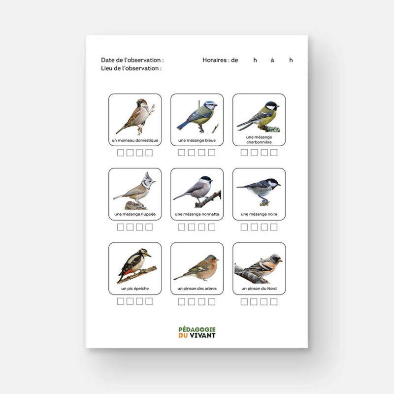 Page avec 9 oiseaux des jardins et des cases à cocher à chaque observations.